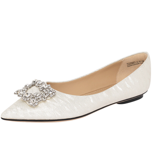 REEMOOR2025秋季新款法式尖头浅口单鞋水钻方扣平底鞋女婚鞋