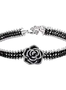 水晶锁骨链山茶花黑色小香