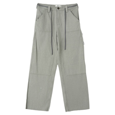 DUIDAO苔绿色亚麻工装双膝长裤