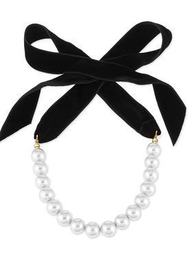 夸张珍珠可调节长度黑色缎带项链