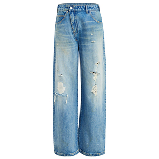 出逃赤岗西 复古浅蓝色破洞牛仔裤女宽松斜襟错位低腰阔腿直筒裤