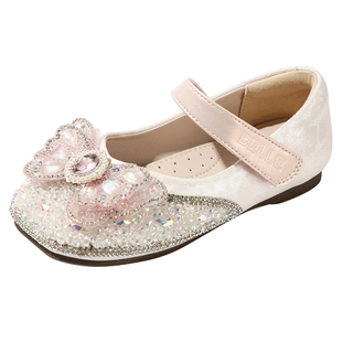 百丽童鞋女童公主鞋小蝴蝶闪钻水晶鞋软底皮鞋小女孩时尚百搭单鞋