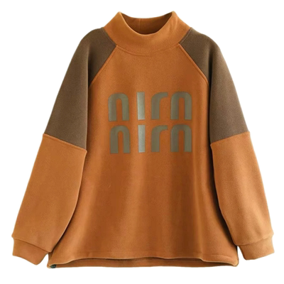 双面奥粒绒拼色字母插肩卫衣女秋冬新款半高领宽松休闲百搭上衣