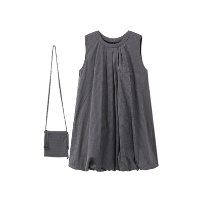 西町村屋休闲花苞造型格纹OP连衣裙2026夏新款长裙含包XHBB10207