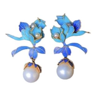 新中式925银景泰蓝山茶花点翠珍珠绿松石耳环耳坠2025新款爆款女