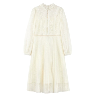 秋水伊人优雅百搭收腰A字裙2026年春季新款蕾丝压褶假两件连衣裙