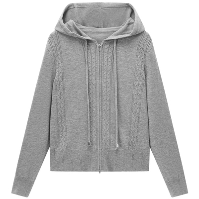 爱居兔连帽拉链针织开衫女2025年秋季新款灰色气质外套上衣