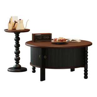复古实木茶几白蜡木双拼色设计感客厅法式中古风圆形茶桌组合黑色