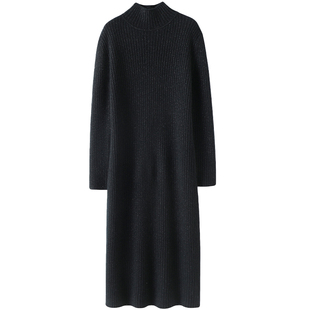 启超小众奢贵！加厚金线红色高领羊绒连衣裙女羊绒衫长款毛衣秋冬