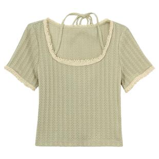 森女部落森系蕾丝花边拼接挂脖短袖T恤上衣短款纯色夏季2026新款