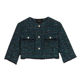 Maje Outlets秋冬女装优雅气质绿色毛边七分袖短款直筒粗花呢外套