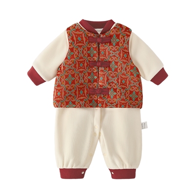 [A类]婴儿喜庆年服秋冬连体衣新生儿两件套哈衣红色新年宝宝爬服