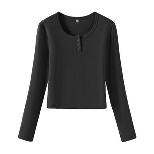 KWV真维斯长袖t恤2026新款女春季u领修身内搭打底衫女黑色上衣女
