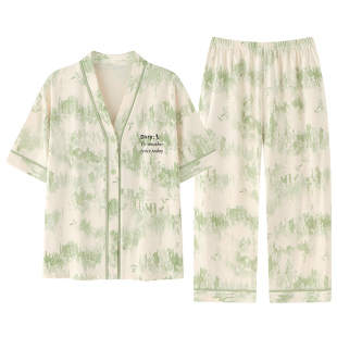 夏季自带胸垫一体短袖睡衣套装和服开衫女士七分裤家居服夏天韩版