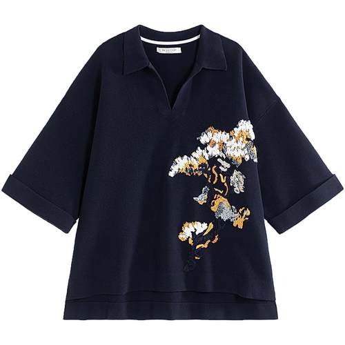 EXCEPTION例外女装春秋款毛针织衫手工绣花翻领设计七分袖毛衣女