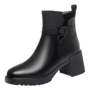 真皮妈妈鞋软底短靴棉鞋加绒女鞋子靴子粗跟中老年皮鞋舒适秋冬款