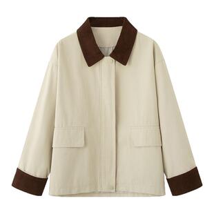 画风drawwind2026春季新款工装夹克女撞色翻领短款小个子纯棉外套