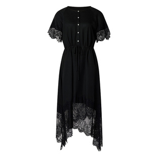 BCBG夏静谧花苑时髦简约通勤莱赛尔亚麻混纺蕾丝拼接连衣裙长款女