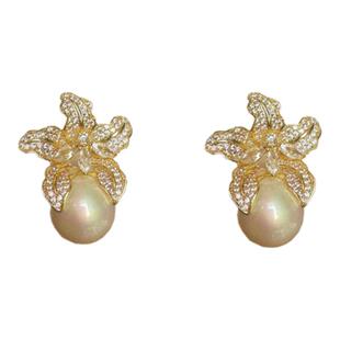 奢华高贵夸张欧美珍珠质感花朵满钻大耳钉港风优雅高级感气质耳环