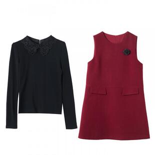 宝诗黎两件套蕾丝拼接红色连衣裙2026早春气质老钱风休闲背心裙