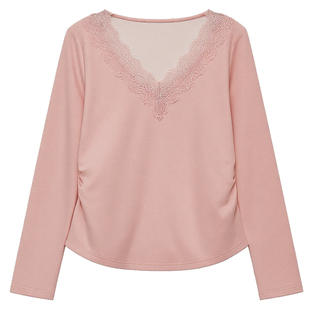 【年终清仓】DM100大码女装冬季蕾丝花边V领收腰修身显瘦内搭T恤