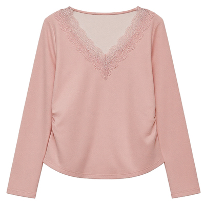 DM100大码百分百女装微胖mm冬季蕾丝花边V领收腰修身显瘦内搭T恤