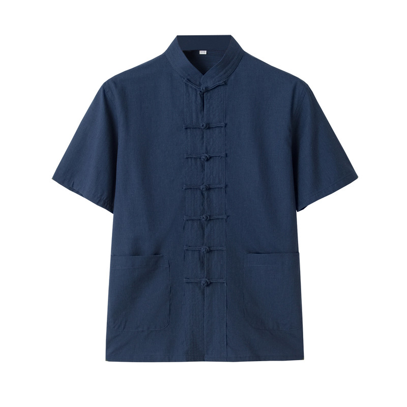 夏季唐装男中式薄款短袖上衣中国风立领盘扣汉服禅茶服中老年男装