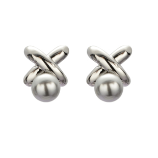 DOUDOUSTORE925银针几何交叉x型清冷灰色珍珠耳钉女几何线条耳环