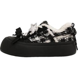 TTKJ黑白格厚底女鞋小众设计加绒保暖大头运动毛毛棉鞋雪地靴板鞋