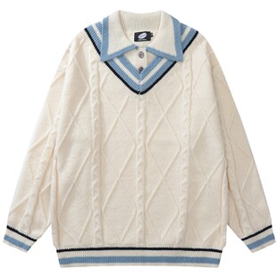 From Mars学生气十足 原创设计V领翻领真假结合线条毛衣摆学院风