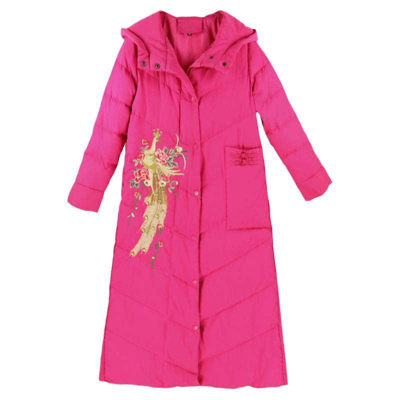 中国风中长款连帽刺绣羽绒服