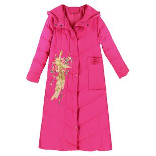 羽绒服女士中长款中国风连帽盘扣唐装加厚保暖冬季玫红色过膝外套