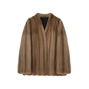 仿水貂毛环保皮草外套帕斯条女冬季V领时尚保暖皮毛一体毛绒大衣