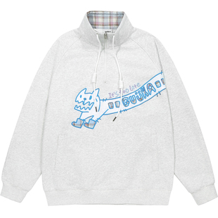 武星同款GUUKA潮牌猫咪巴士半拉链立领卫衣男春季 情侣重磅套头衫