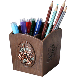 笔筒复古中国风创意时尚化妆刷筒收纳盒仿实木纹学生桌面笔筒美式