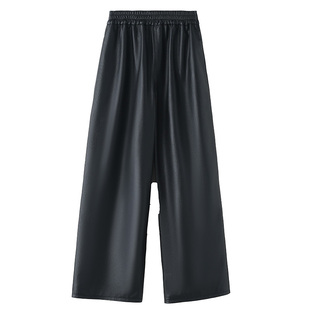 欧洲站秋冬海宁真皮头层牛皮九分直筒阔腿裤松紧腰高腰显瘦皮裤女