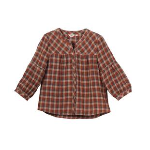 布符2025夏亚麻色织格子衬衫女复古七分袖开口领通勤百搭上衣