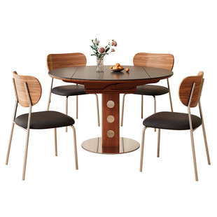 中古风可伸缩实木岩板餐桌可变圆桌家用小户型折叠法式复古风饭桌