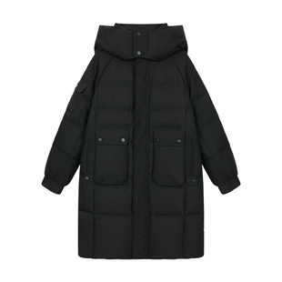 pusumede 暖意绵绵 90白鸭绒连帽羽绒服女宽松加厚中长款羽绒外套