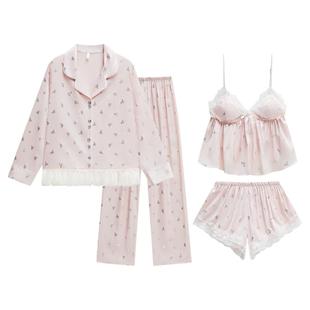 乐姿梦性感冰丝吊带短裤睡衣女款春夏季带胸垫四件套装长袖家居服