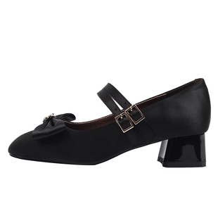 复古法式方头玛丽珍鞋女2026新款春季蝴蝶结双扣带粗跟浅口单鞋女