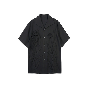 【立体花朵】复古优雅黑色手工花短袖衬衫男透气亚麻翻领宽松上衣