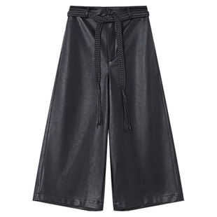 百家好PU皮黑色皮裤女新款宽松休闲七分直筒阔腿裤八分老钱风裤子