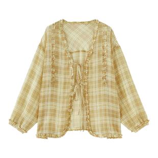 MOUSSY 2026夏季新品慵懒甜酷风格纹木耳边系带衬衫028JSA30-1085