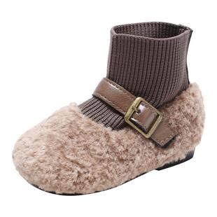 女童公主鞋冬季宝宝袜靴小童短靴软底毛毛鞋婴儿学步鞋子加绒棉鞋