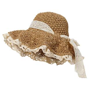 大头围法式草帽海边度假沙滩帽子女款夏天蕾丝遮阳防晒渔夫太阳帽