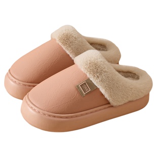 冬季防水棉拖鞋女款2026新款室内家居加绒保暖厚底pu皮面棉拖男士