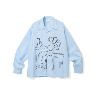 SUPERTOFU钢琴爵士人像 手绘图案 竖条纹 宽松古巴领长袖衬衫AW25