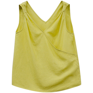 一三良品小个子 明亮黄色白色天丝亚麻v领纽结背心无袖上衣女夏