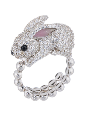 GSTV可爱兔子水钻开口银戒指